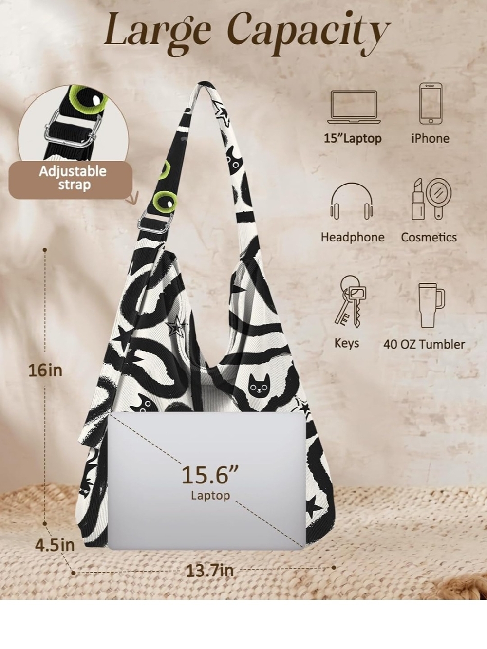 Black & White Cat Print Tote with Neon Green Eyes - Picture 4 of 4